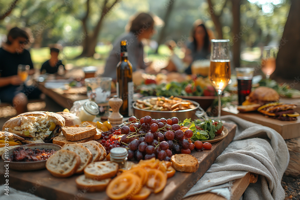 A picnic table is covered with a variety of food and drinks A picnic table is covered with a variety of food and drinks