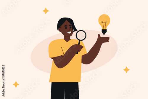 analyze information, search for ideas, development, understanding new things, a person searches with a magnifying glass