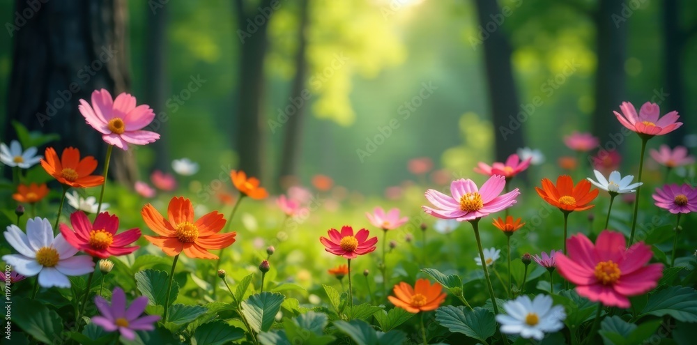 Blooming wildflowers in a serene forest setting, flowers, wildlife, nature Blooming wildflowers in a serene forest setting, flowers, wildlife, nature