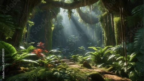 Beautiful rays of sun in exotic forest