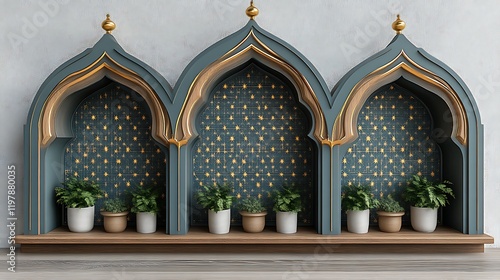 Elegant Triple Arched Niche With Gold Accents And Plants photo