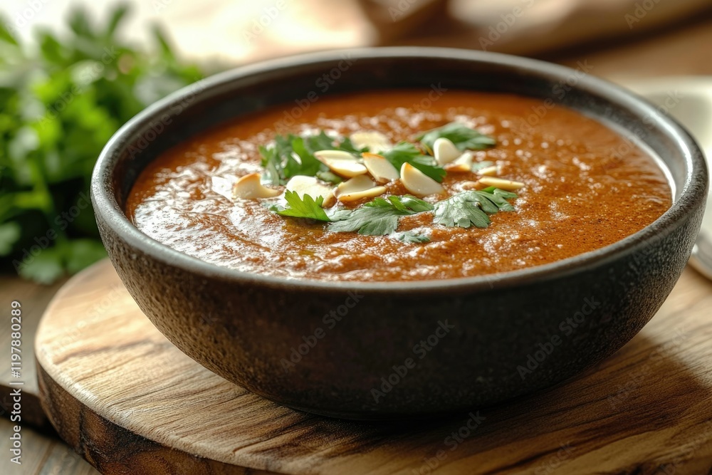 Aromatic creamy soup garnished with almonds and cilantro, served in a rustic bowl. Aromatic creamy soup garnished with almonds and cilantro, served in a rustic bowl.
