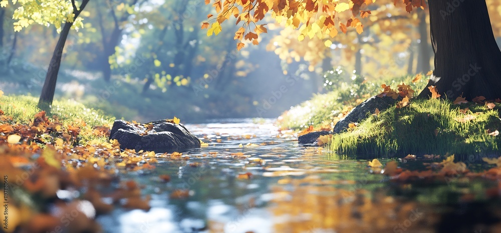 Autumn stream flows through forest; sunlight, leaves. Calming nature scene Autumn stream flows through forest; sunlight, leaves. Calming nature scene