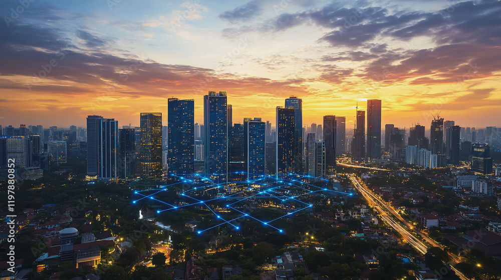 Obraz premium Abstract business man stands on the peak of success amid tall, innovative Smart city and graphs with statistics to analyze business potential and predict future developments in company growth.