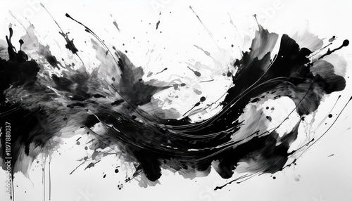 Striking Black Ink Abstract Texture Japanesque Watercolor Splash on White Backdrop, showcasing the Intricate Beauty and Serene Mood of the Artwork. photo