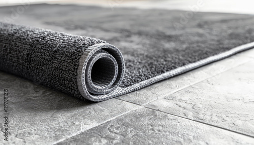 A gray floor rug partially rolled up on a tiled floor. Home decor, flooring or cleaning concept. photo