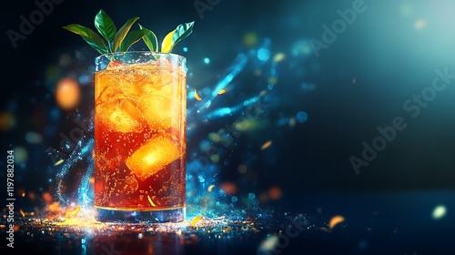 A glowing iced tea with luminous tea leaves swirling inside a futuristic glass 