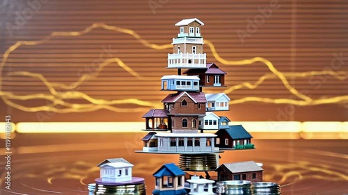Real estate market graph with miniature houses on stacks of coins, set against an orange stock chart background, symbolizing growth and investment.
