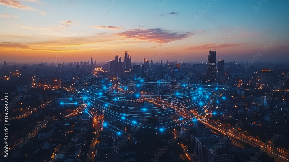 Obraz premium Abstract business man stands on the peak of success amid tall, innovative Smart city and graphs with statistics to analyze business potential and predict future developments in company growth.