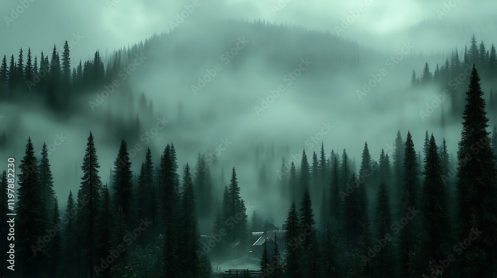 Obraz premium Misty Mountain Forest Conceals a Solitary Cabin