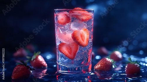 A glowing iced strawberry drink with luminous fruit pieces floating in a sleek glass 