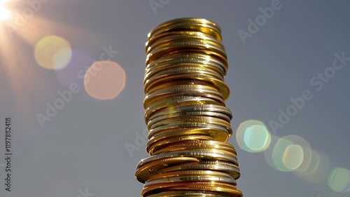 A stack of coins in the foreground, bathed in sunlight, symbolizing growth in value and prosperity, with the sun in the background reflecting wealth and success.