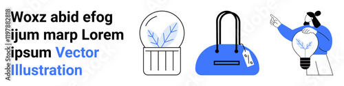 Woman in blue and white holding a light bulb, handbag with price tag, glass globe with a plant inside, and dummy text in black and blue. Ideal for business presentations, e-commerce, product