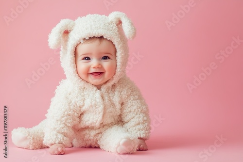 cheerful sweet little baby dressed in white sheep costume sitting on pastel pink background with copy space photo