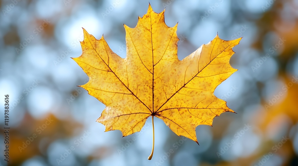 A single yellow maple leaf against a blurred background A single yellow maple leaf against a blurred background