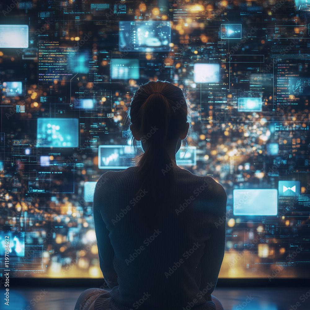 woman standing in front of 3d cyberspace surfing internet networks woman standing in front of 3d cyberspace surfing internet networks
