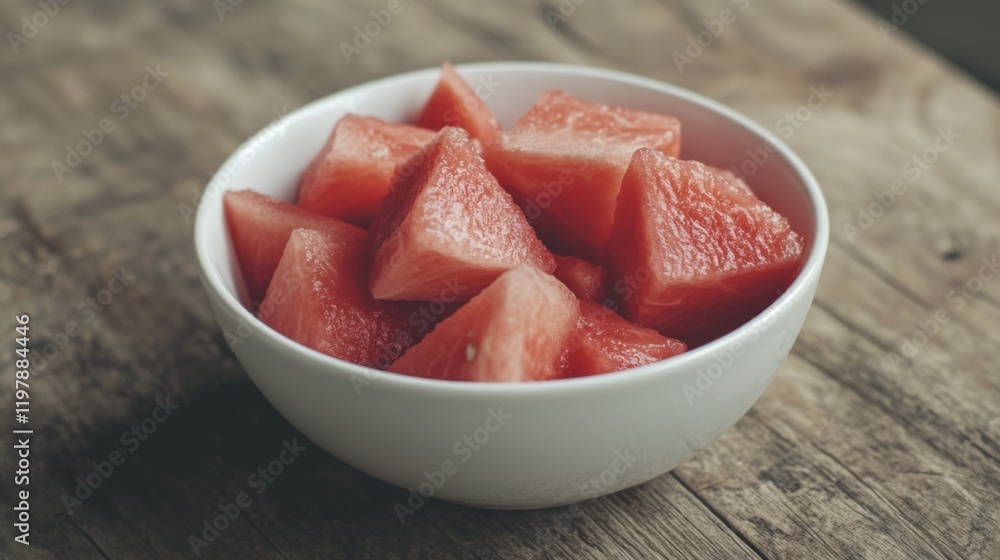 Fresh juicy watermelon chunks in a white bowl on a wooden table. Fresh juicy watermelon chunks in a white bowl on a wooden table.