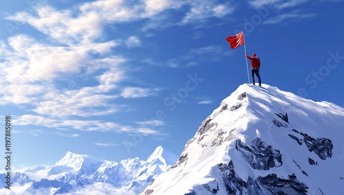 Climber plants flag on snowy peak, success, mountains
