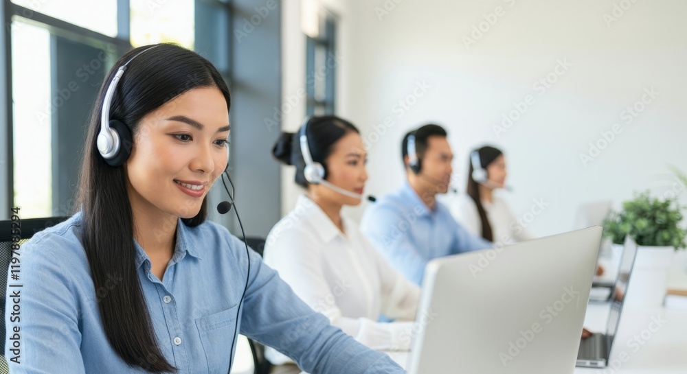 Woman wearing a headset is sitting at a desk with a laptop Woman wearing a headset is sitting at a desk with a laptop