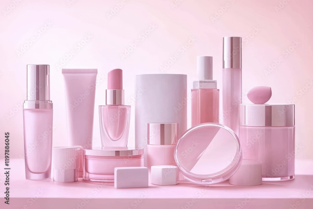 Aesthetic beauty products set on a pink canvas, showcasing the latest trends in cosmetics. Aesthetic beauty products set on a pink canvas, showcasing the latest trends in cosmetics.