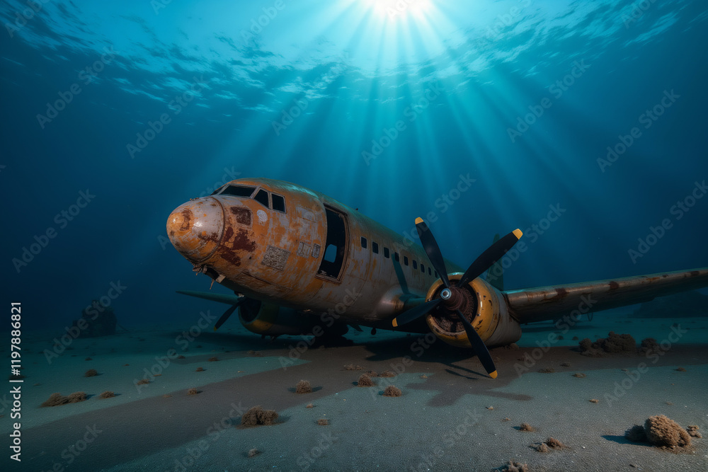 Obraz premium sunken airplane rests on the sandy ocean floor, bathed in sunlight streaming through the water. The wreck is partially obscured by coral and seaweed