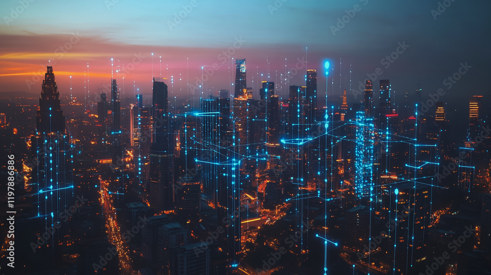 Fototapeta premium Abstract business man stands on the peak of success amid tall, innovative Smart city and graphs with statistics to analyze business potential and predict future developments in company growth.