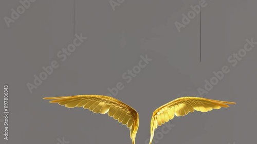 Golden wings gracefully moving in a horizontal frame, shimmering with radiant light and intricate details, set against a sleek, dynamic background.