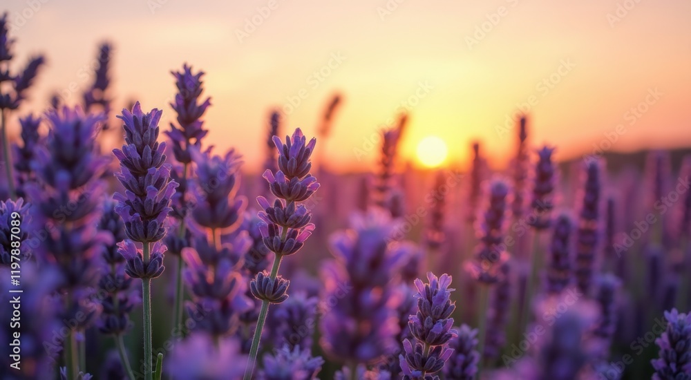 Naklejka premium Lavender flowers in a field at sunset with the sun setting
