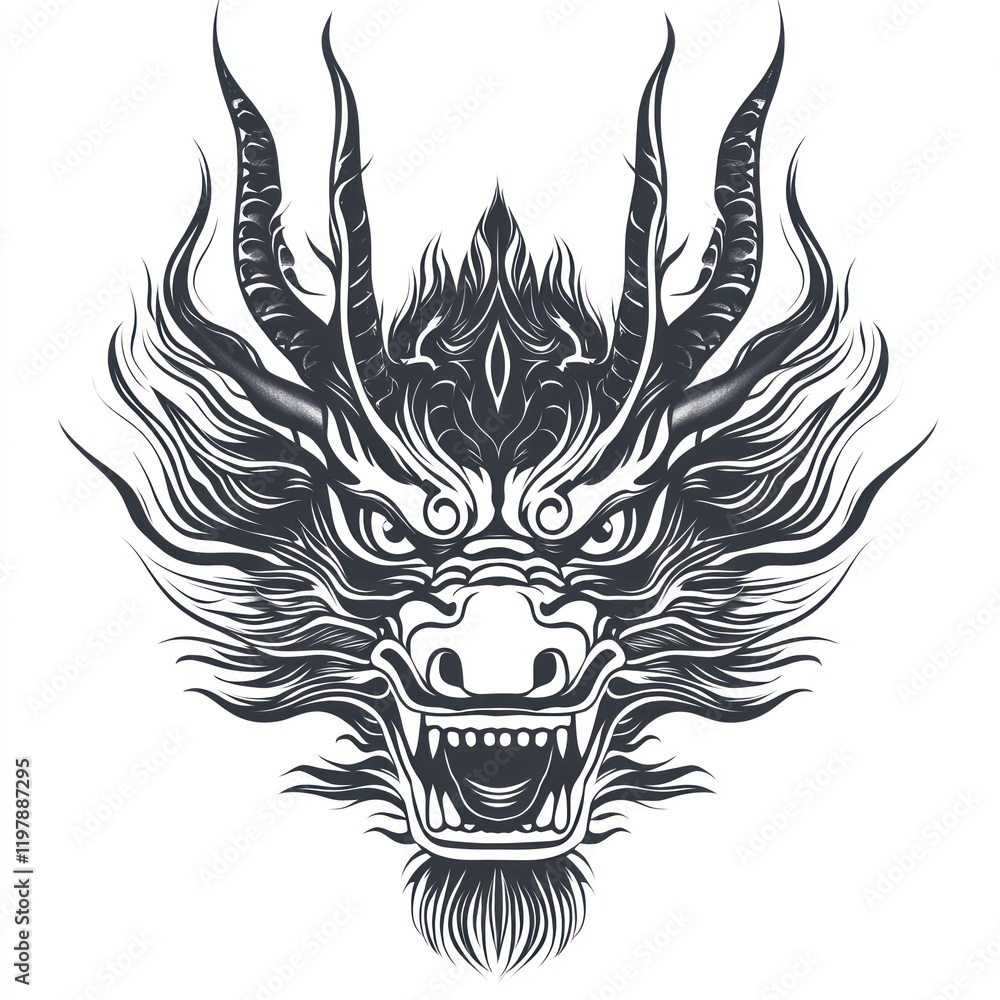Dragon head with horns in detailed monochrome vector art. Possible for tattoo or graphic design Dragon head with horns in detailed monochrome vector art. Possible for tattoo or graphic design