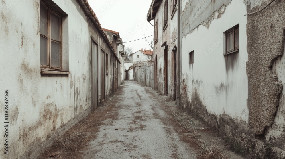 Narrow, weathered alleyway between aged buildings. Narrow, weathered alleyway between aged buildings.