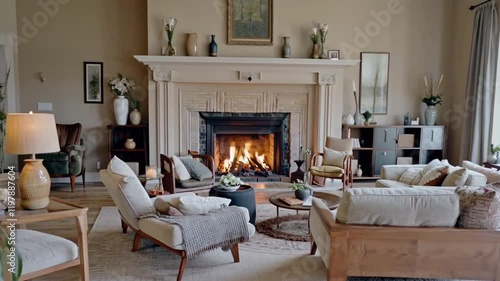 Living room featuring a cozy fireplace, comfortable seating, and a warm, inviting atmosphere.