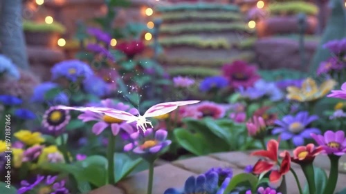 Glowing butterfly with magical sparkles, fluttering gracefully through a neon-lit garden filled with enchanting lights and a vibrant, layered background.