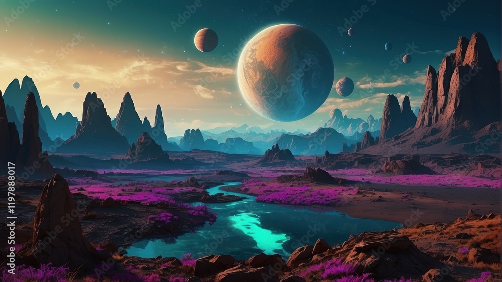 Enchanting landscape of alien planet and space surface Enchanting landscape of alien planet and space surface