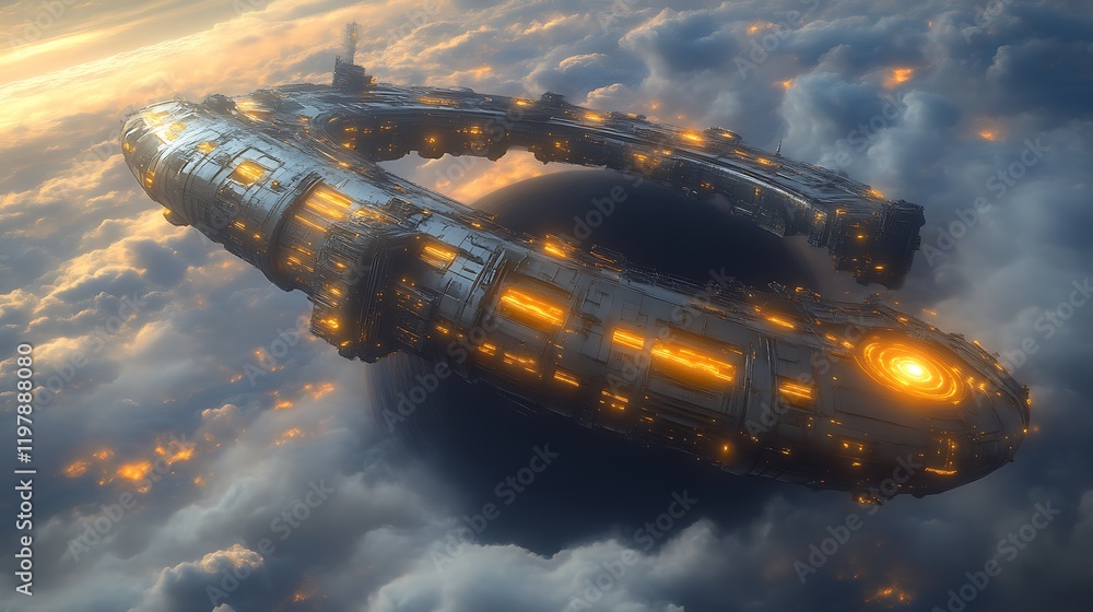 Futuristic Ring Shaped Spaceship Soaring Above Clouds Futuristic Ring Shaped Spaceship Soaring Above Clouds