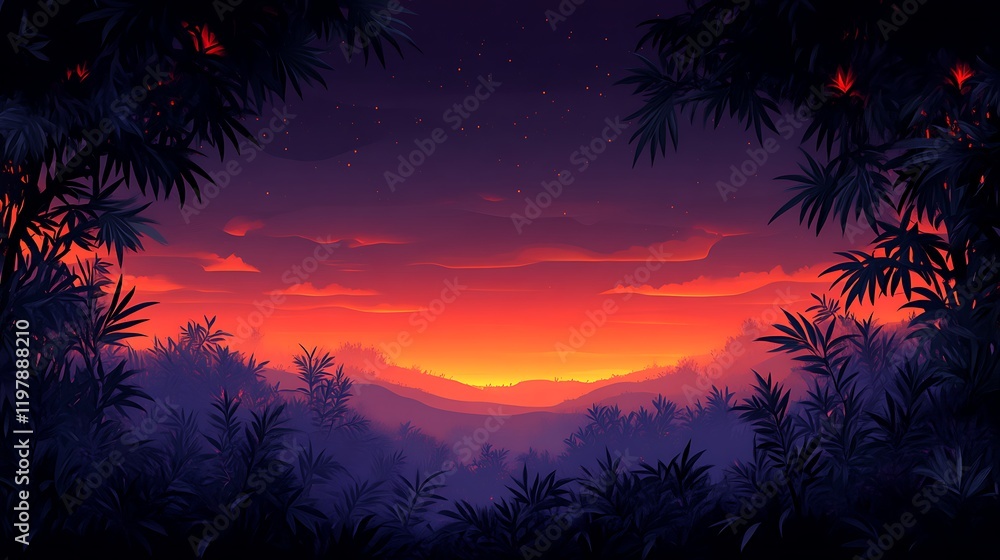 Tropical Sunset Landscape Silhouette View Tropical Sunset Landscape Silhouette View