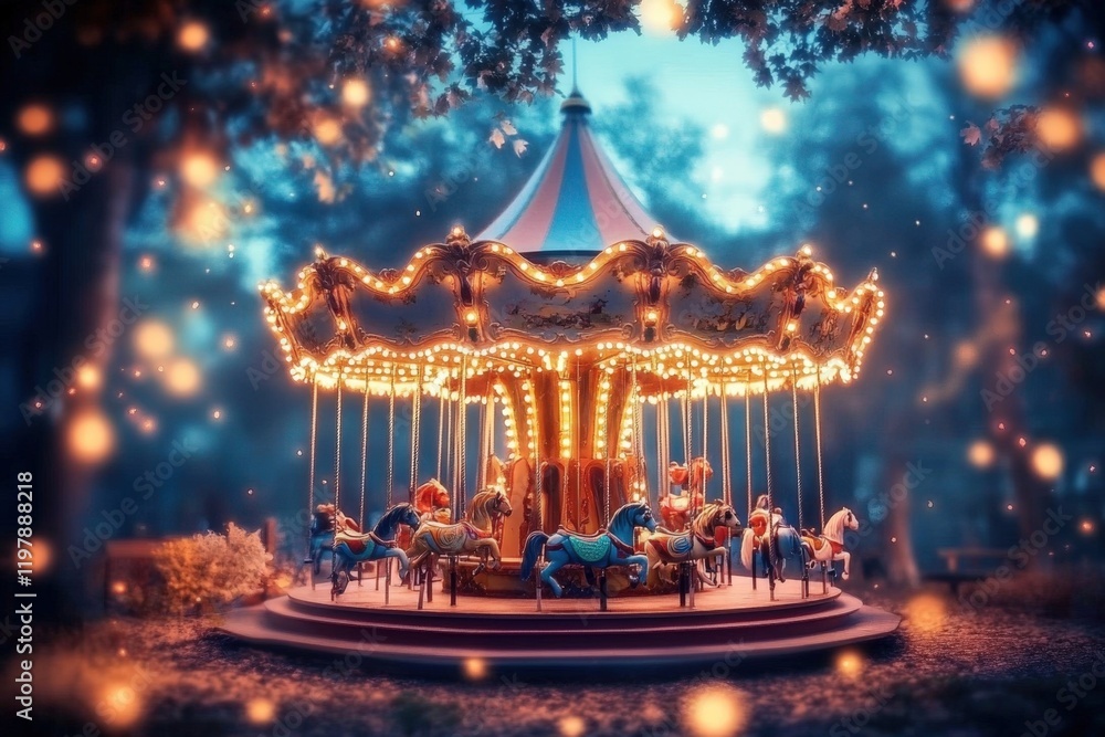 Obraz premium Colorful carousel lights creating a magical atmosphere in the park.