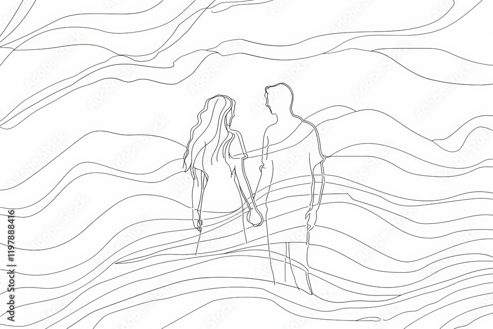 Obraz premium A minimalistic line drawing of a couple holding hands amidst flowing waves.