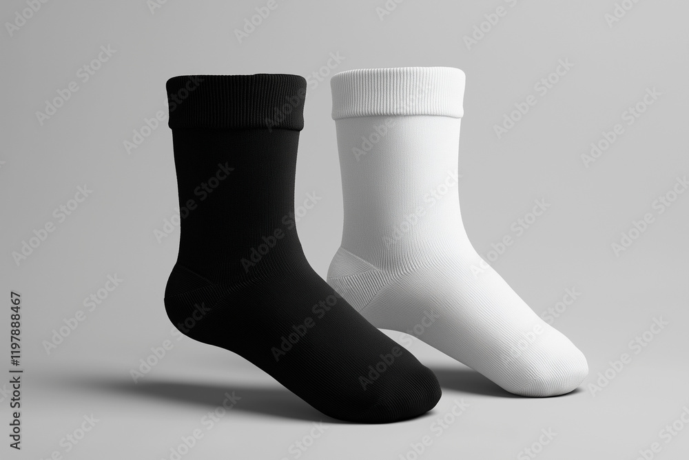 Two pairs of socks, one black and one white, are displayed on a gray background. The socks are neatly folded and arranged in a way that highlights their contrasting colors Two pairs of socks, one black and one white, are displayed on a gray background. The socks are neatly folded and arranged in a way that highlights their contrasting colors