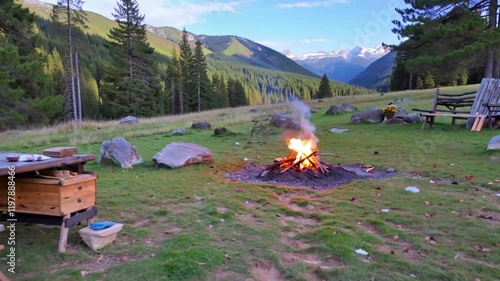 Serene camping in the highlands, featuring a cozy campfire, a table adorned with flowers, and breathtaking natural surroundings.