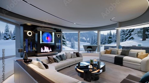 Futuristic living room featuring modern fireplace, music visualizer, high-tech amenities, and large windows framing a serene snowy backdrop.