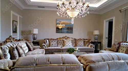 Luxury living room with plush velvet sofas, golden accents, grand chandelier, and an elegant ambiance reflecting sophistication and style.