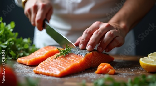 Someone is cutting up some fish on a cutting board with a knife