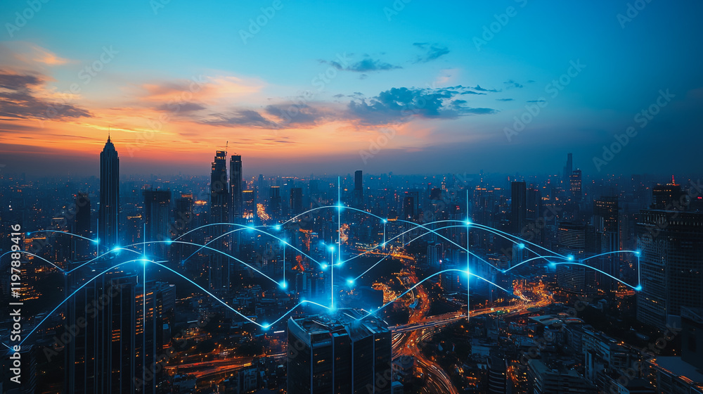 Fototapeta premium Abstract business man stands on the peak of success amid tall, innovative Smart city and graphs with statistics to analyze business potential and predict future developments in company growth.