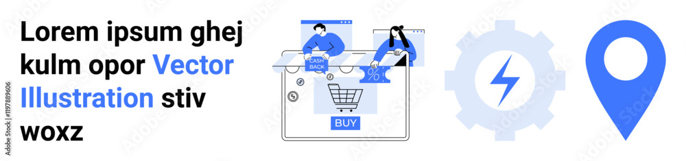 Shopping cart checkout with users, gear cog with lightning bolt, location pin. Ideal for online retail, user interface, navigation, technology integration, customer service, logistics digital Shopping cart checkout with users, gear cog with lightning bolt, location pin. Ideal for online retail, user interface, navigation, technology integration, customer service, logistics digital