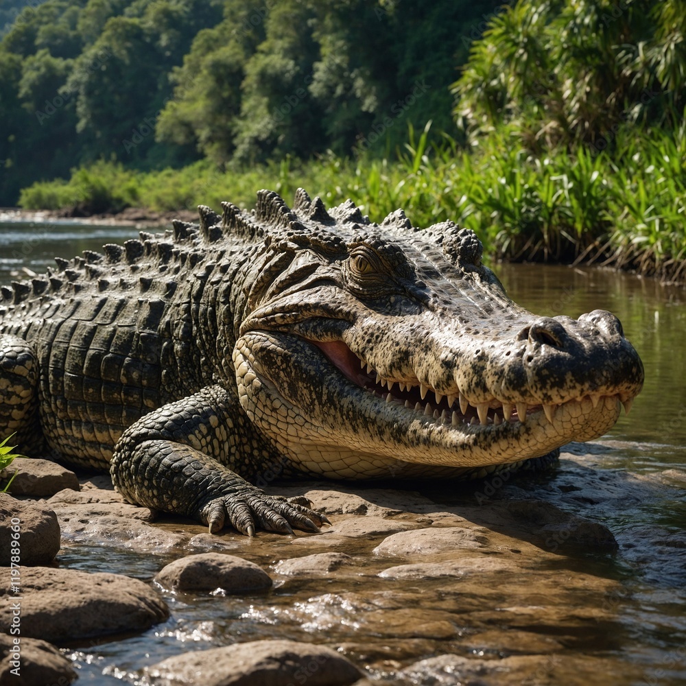 Fototapeta premium Close-up on a Young Fish-eating crocodile, showing is tooth. alligator in the swamp. flock of crocodiles in the wild 