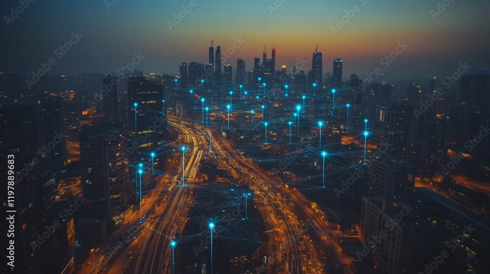 Fototapeta premium Abstract business man stands on the peak of success amid tall, innovative Smart city and graphs with statistics to analyze business potential and predict future developments in company growth.