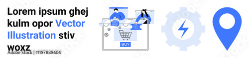 Free Download Shopping cart checkout with users, gear cog with lightning bolt, location pin. Ideal for online retail, user interface, navigation, technology integration, customer service, logistics digital - GFXLoad