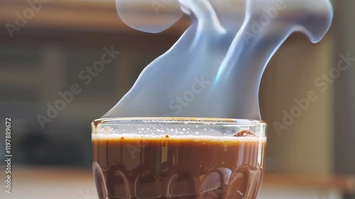 A cozy cup of hot chocolate with rich, creamy texture, topped with frothy steam rising beautifully, set against a warm and inviting background.