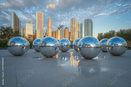City skyline reflects in shiny spheres at sunset in Chicago, showcasing modern art and architecture