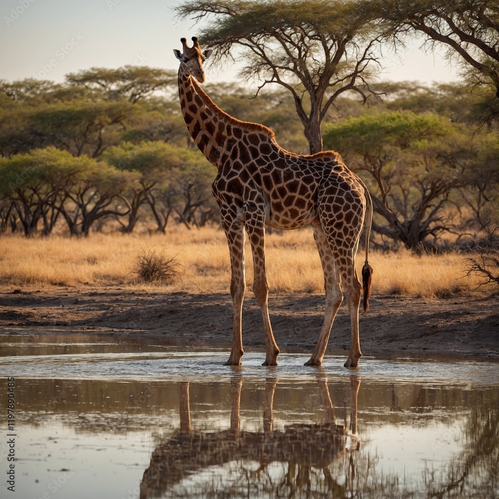 Obraz premium A giraffe grazing on leaves near a grassy savanna field. A giraffe in Africa. A giraffe among acacia trees in the wild African savannah 